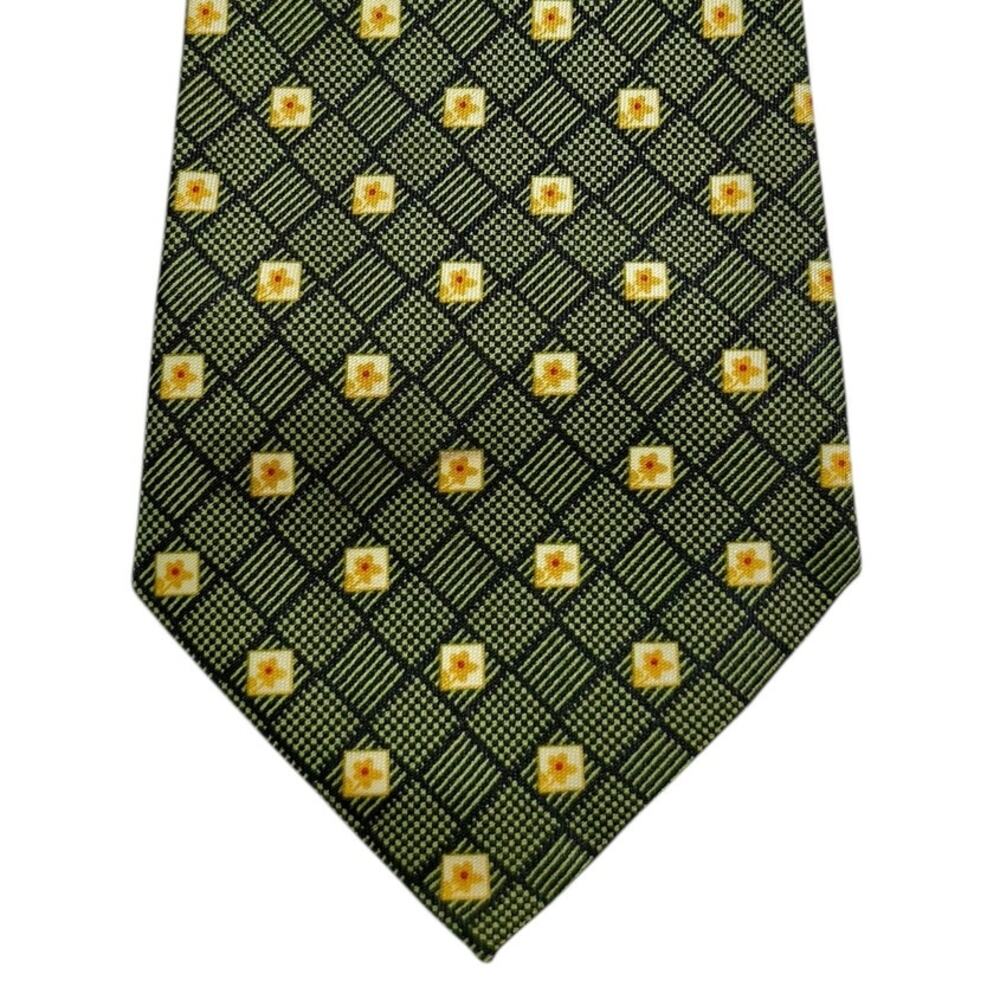 VTG‎ Rene Chagal Italian Design Green Argyle Diamond Yellow Flower Mens Neck Tie